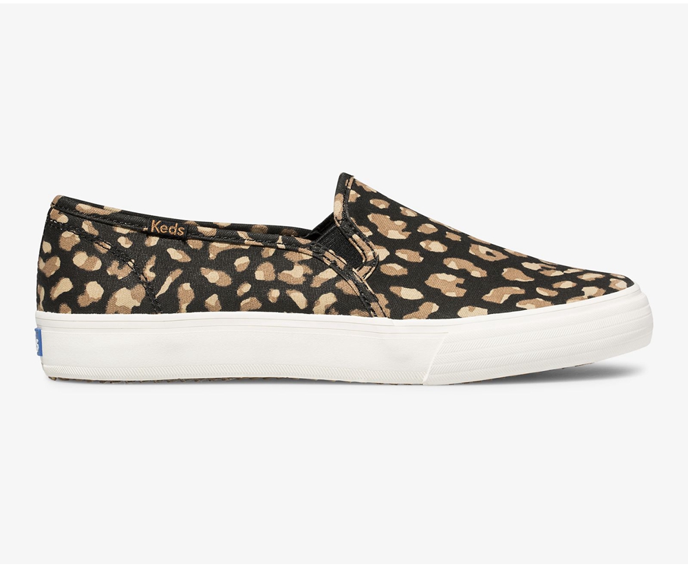 Keds Slip Ons Black/Leopard - Washable Double Decker Animal - Womens VCDMPK-412